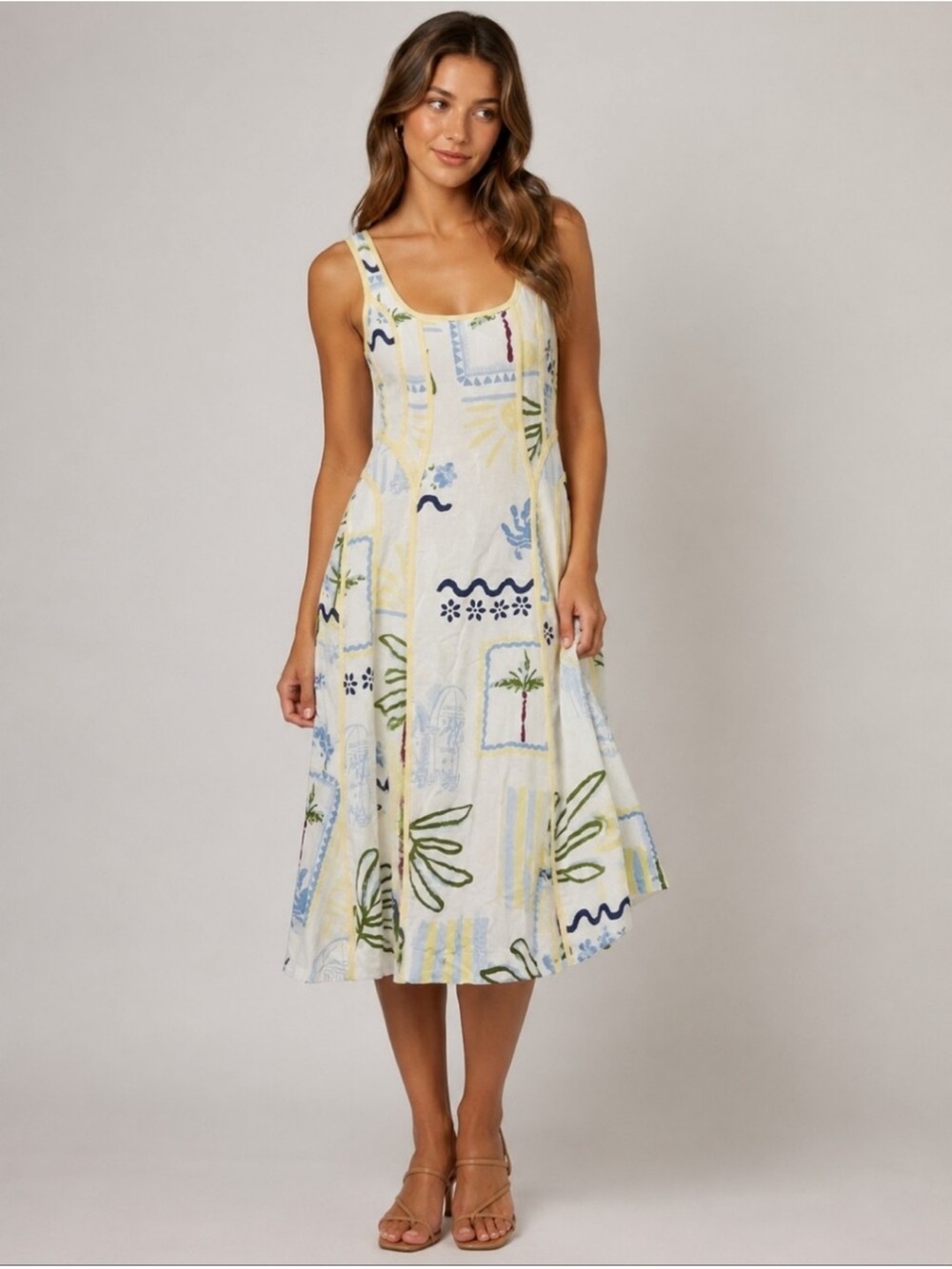 Caroline Constas - Tropical Linen Blend Midi Dress in White, Blue & Yellow - M